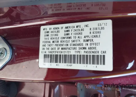 2012 Honda Accord 2.4 Ex-L z USA, uszkodzony, nr VIN 1HGCP2F81CA121721